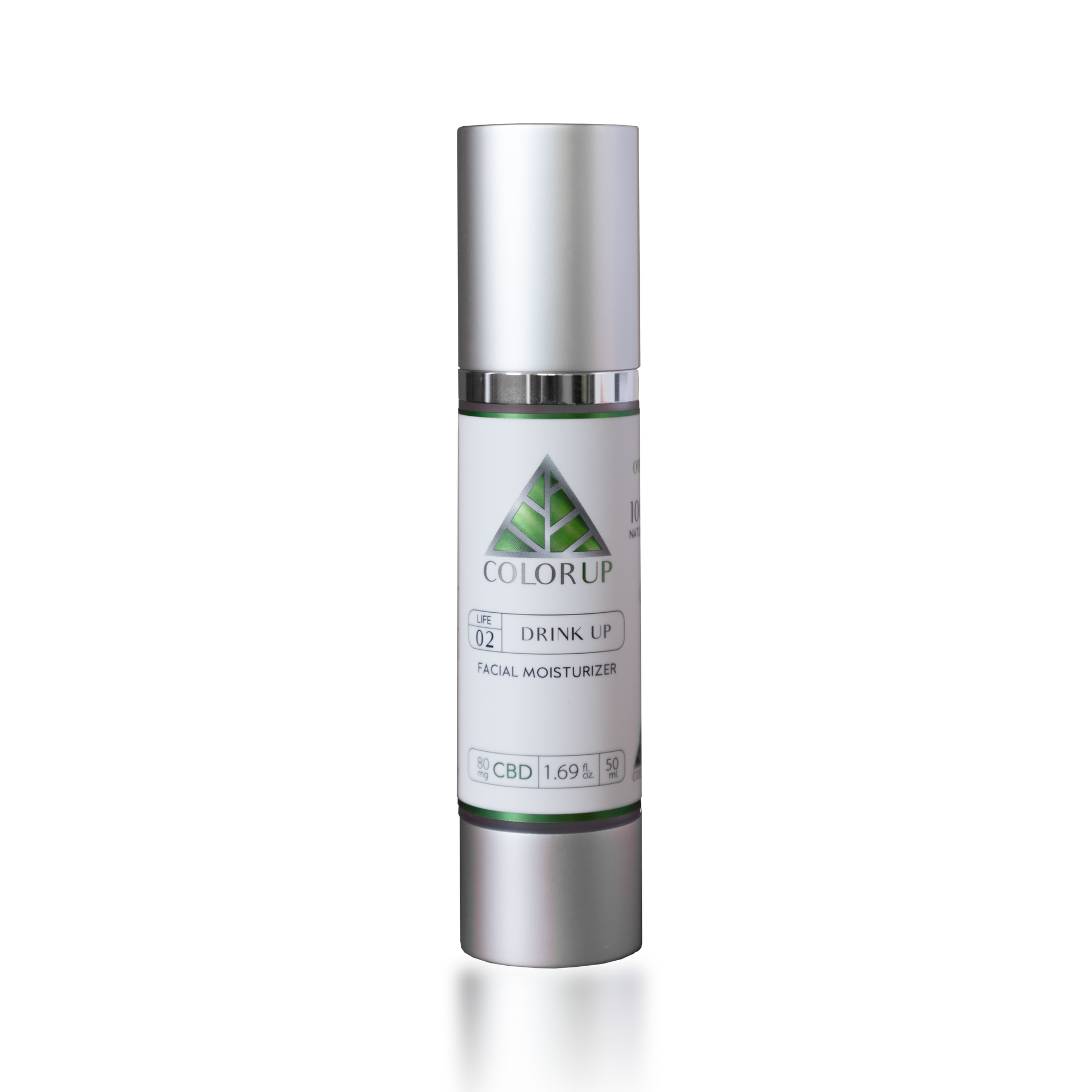 Skincare bottle labeled 'Color Up Drink Up Facial Moisturizer on a silver cosmetic bottle. 