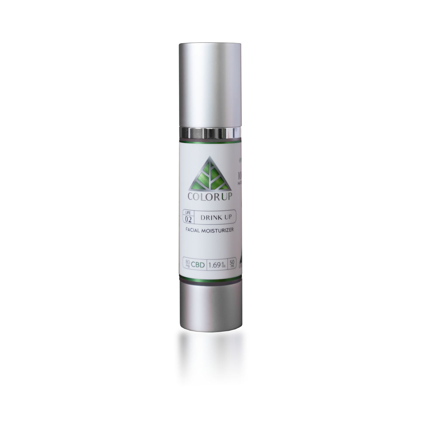 'Color Up Drink Up Facial Moisturizer on a silver cosmetic bottle with green triangle logo.