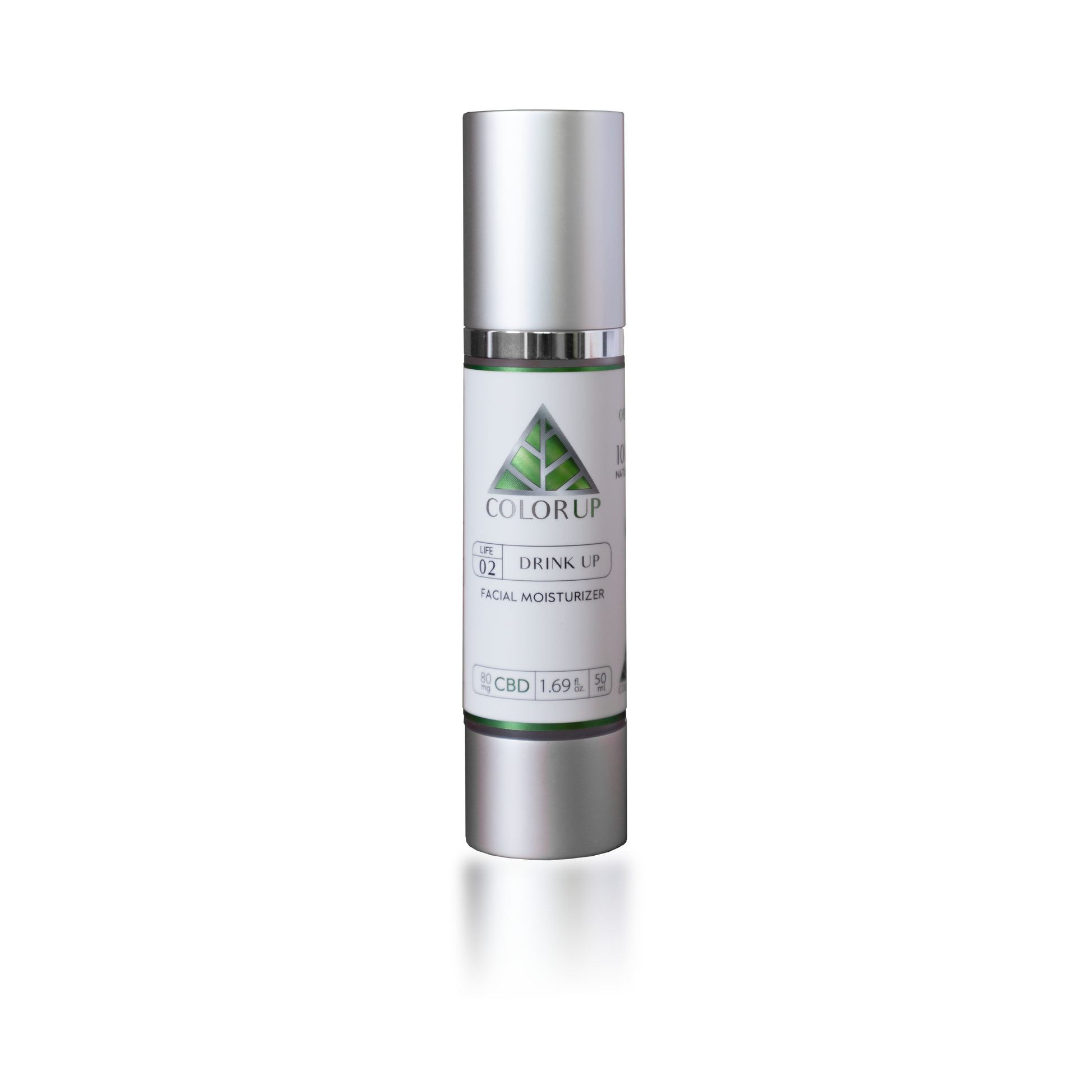'Color Up Drink Up Facial Moisturizer on a silver cosmetic bottle with green triangle logo.