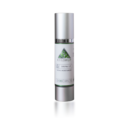 'Color Up Drink Up Facial Moisturizer on a silver cosmetic bottle with green triangle logo.