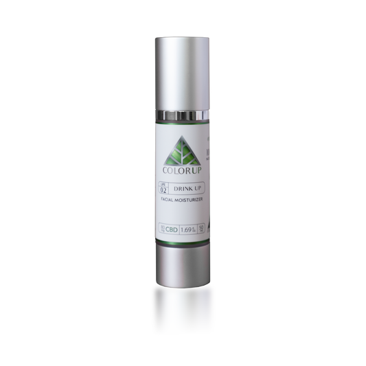 'Color Up Drink Up Facial Moisturizer on a silver cosmetic bottle with green triangle logo.