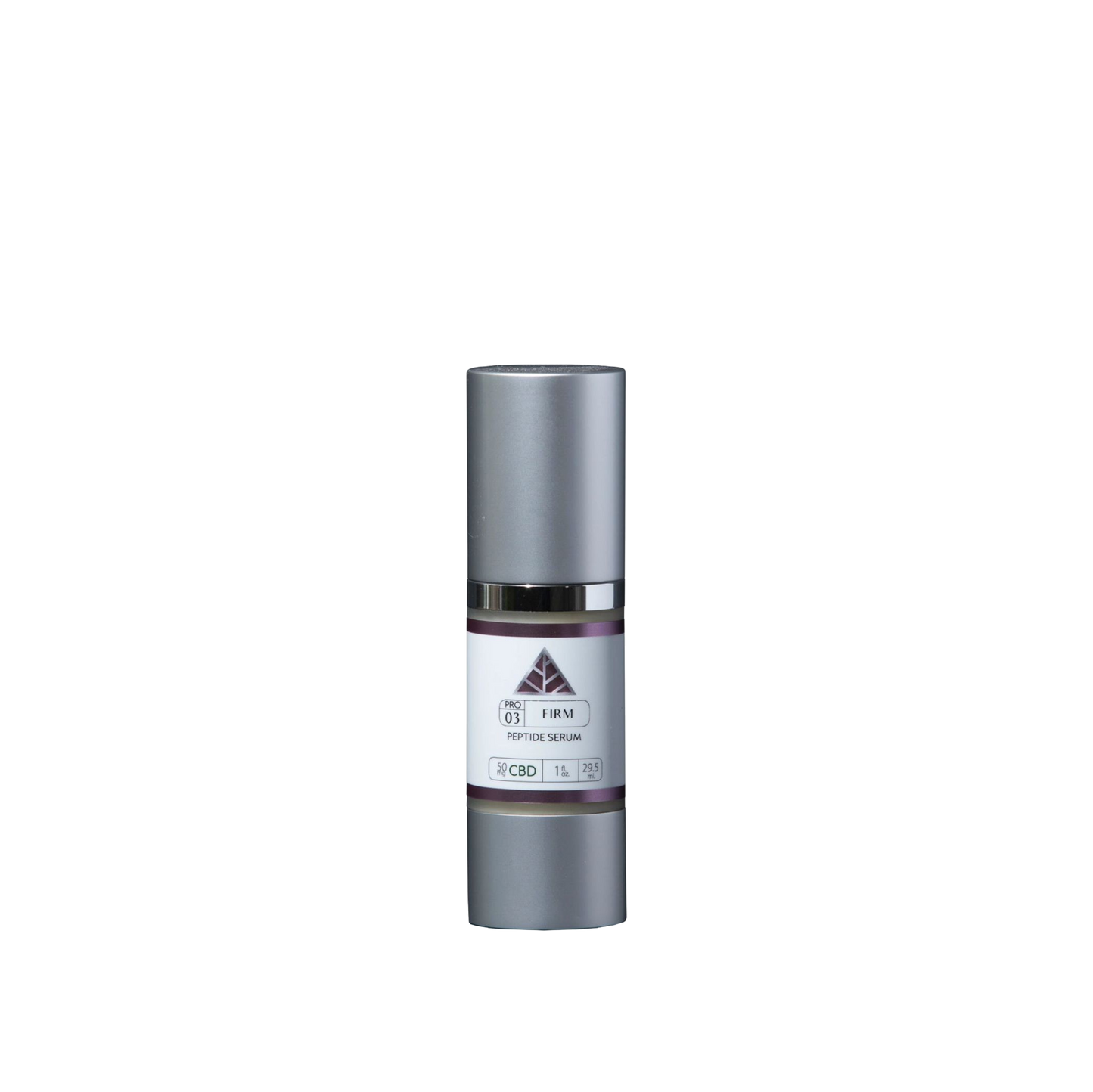 Color Up FIRM Peptide Serum 1 oz silver bottle with pink triangle logo on transparent background.