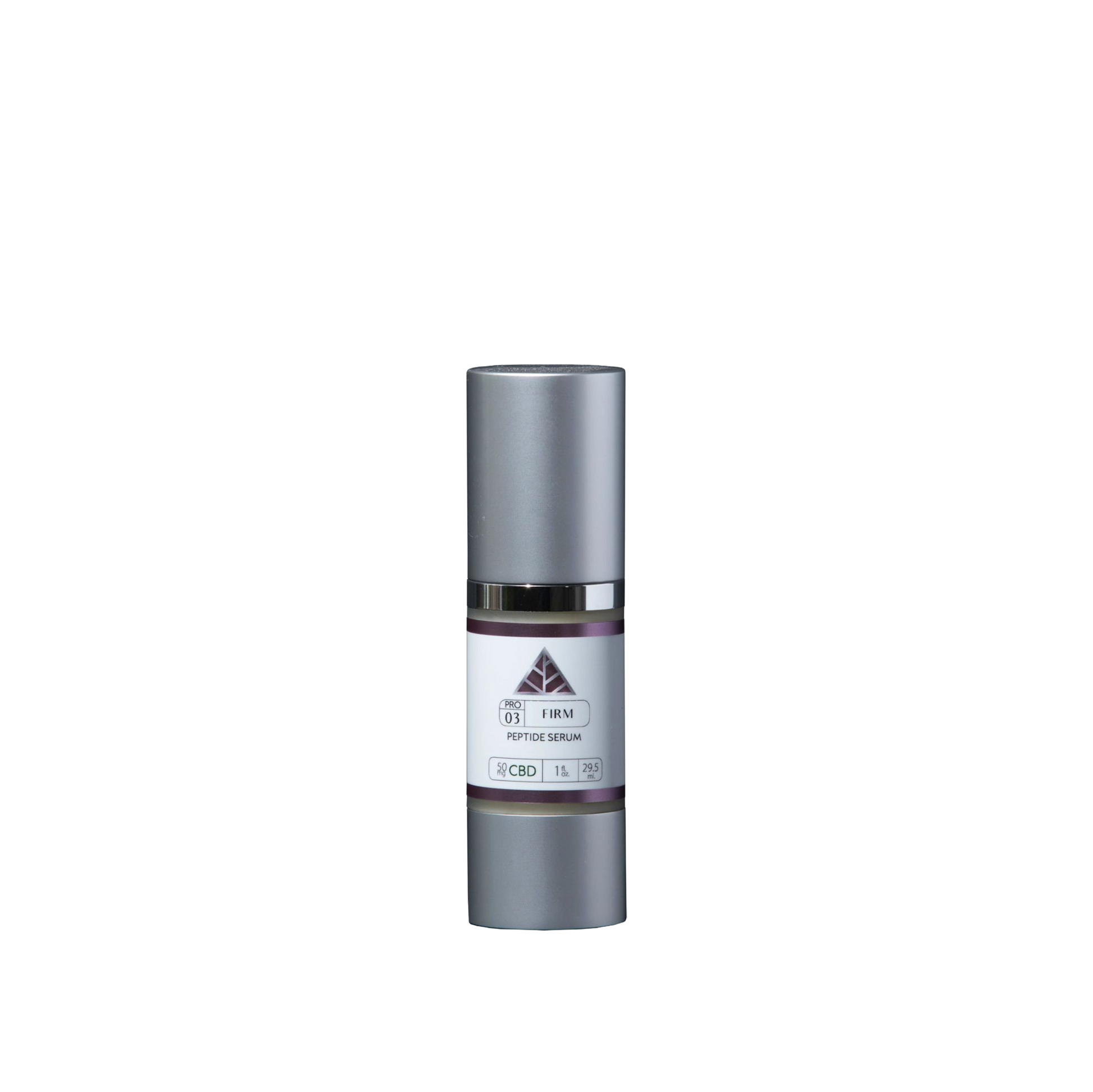 Color Up FIRM Peptide Serum 1 oz silver bottle with pink triangle logo on transparent background.