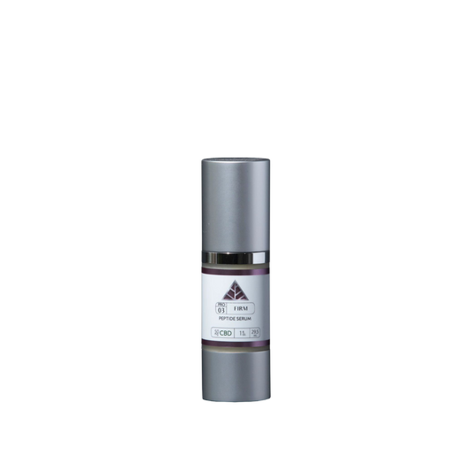 Color Up FIRM Peptide Serum 1 oz silver bottle with pink triangle logo on transparent background.