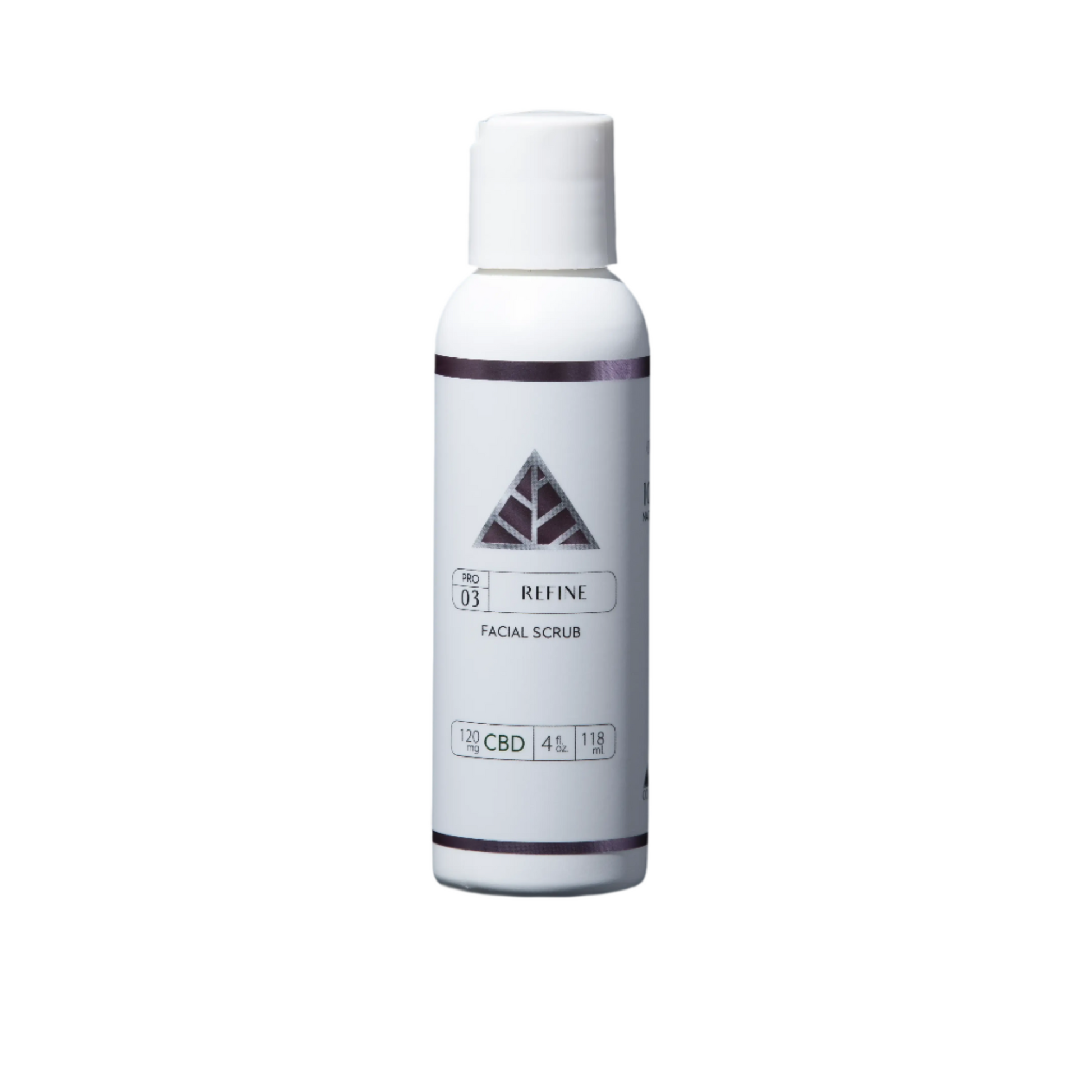 Color Up REFINE Facial Scrub with CBD, walnut shell powder, willow bark, and botanical brightening ingredients on white background.
