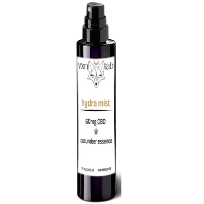 CBD Hydrating Mist by VXN Lab label on violet blue bottle with spray top.