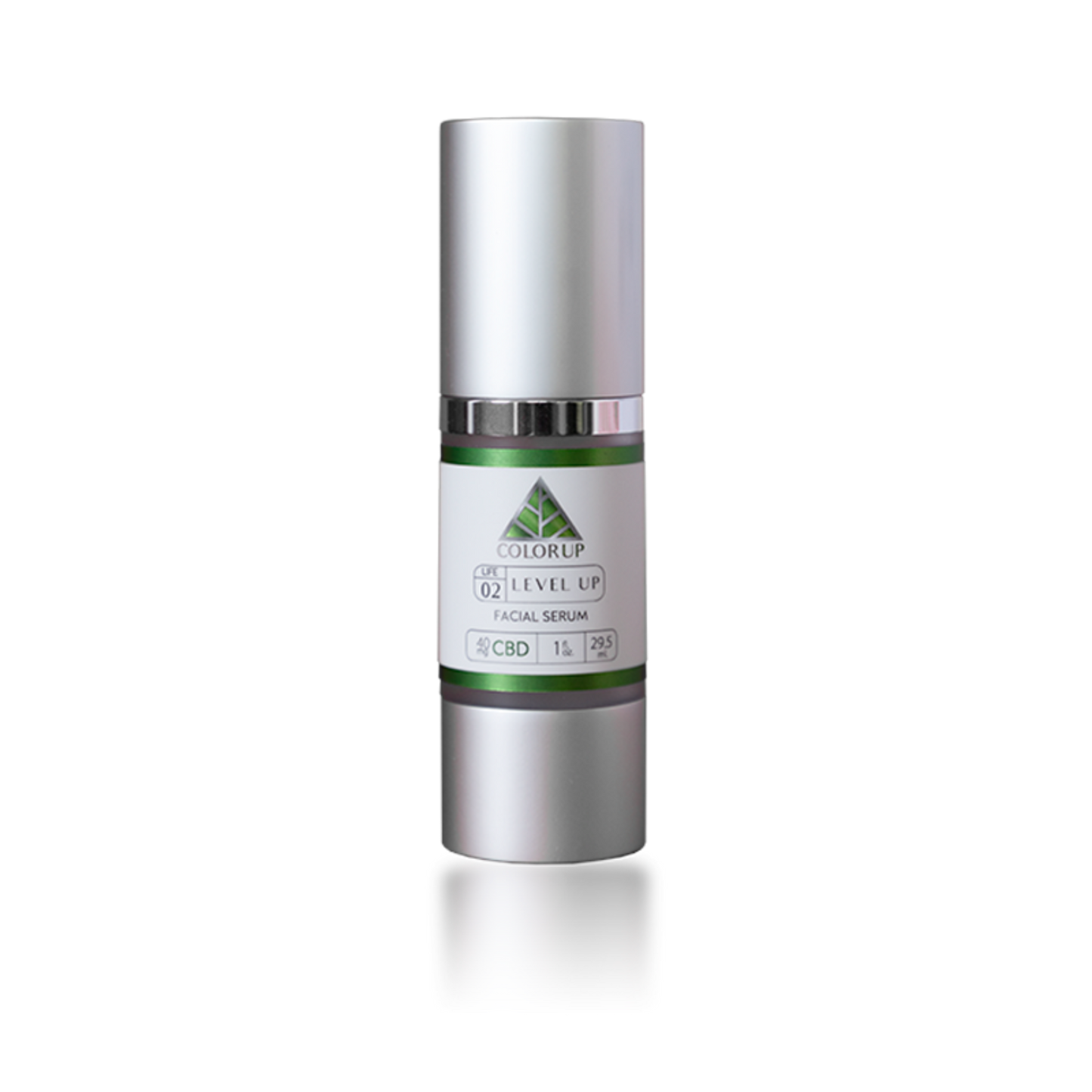 'Color Up Level Up Facial Serum' with green triangle logo on white label on silver bottle and transparent background