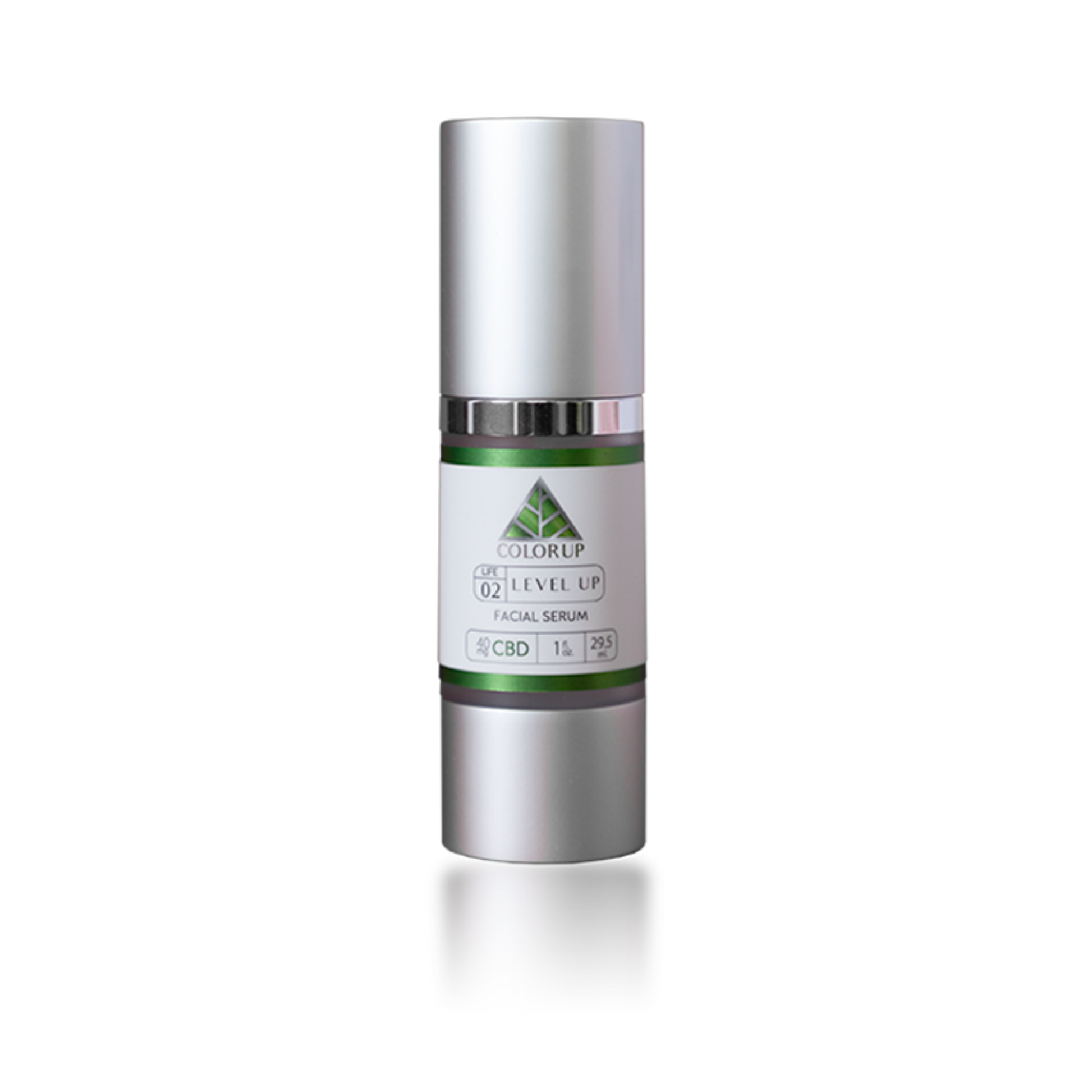 'Color Up Level Up Facial Serum' with green triangle logo on white label on silver bottle and transparent background