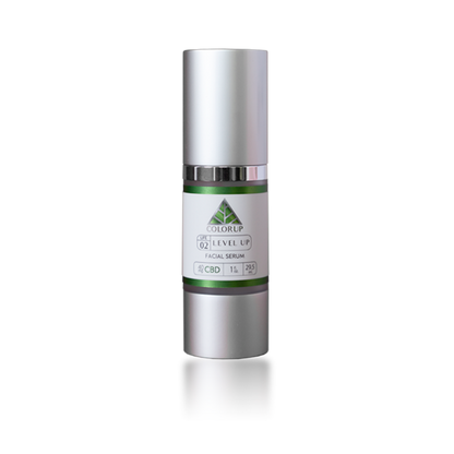 'Color Up Level Up Facial Serum' with green triangle logo on white label on silver bottle and transparent background