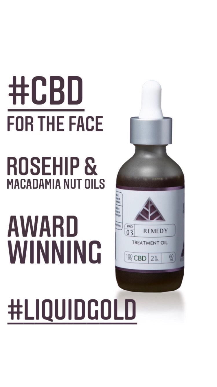 Color Up CBD treatment oil bottle with text about 'award winning' skincare