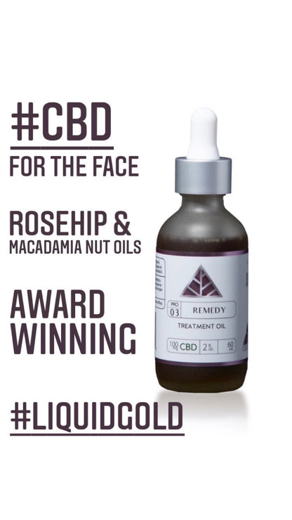 Color Up CBD treatment oil bottle with text about 'award winning' skincare