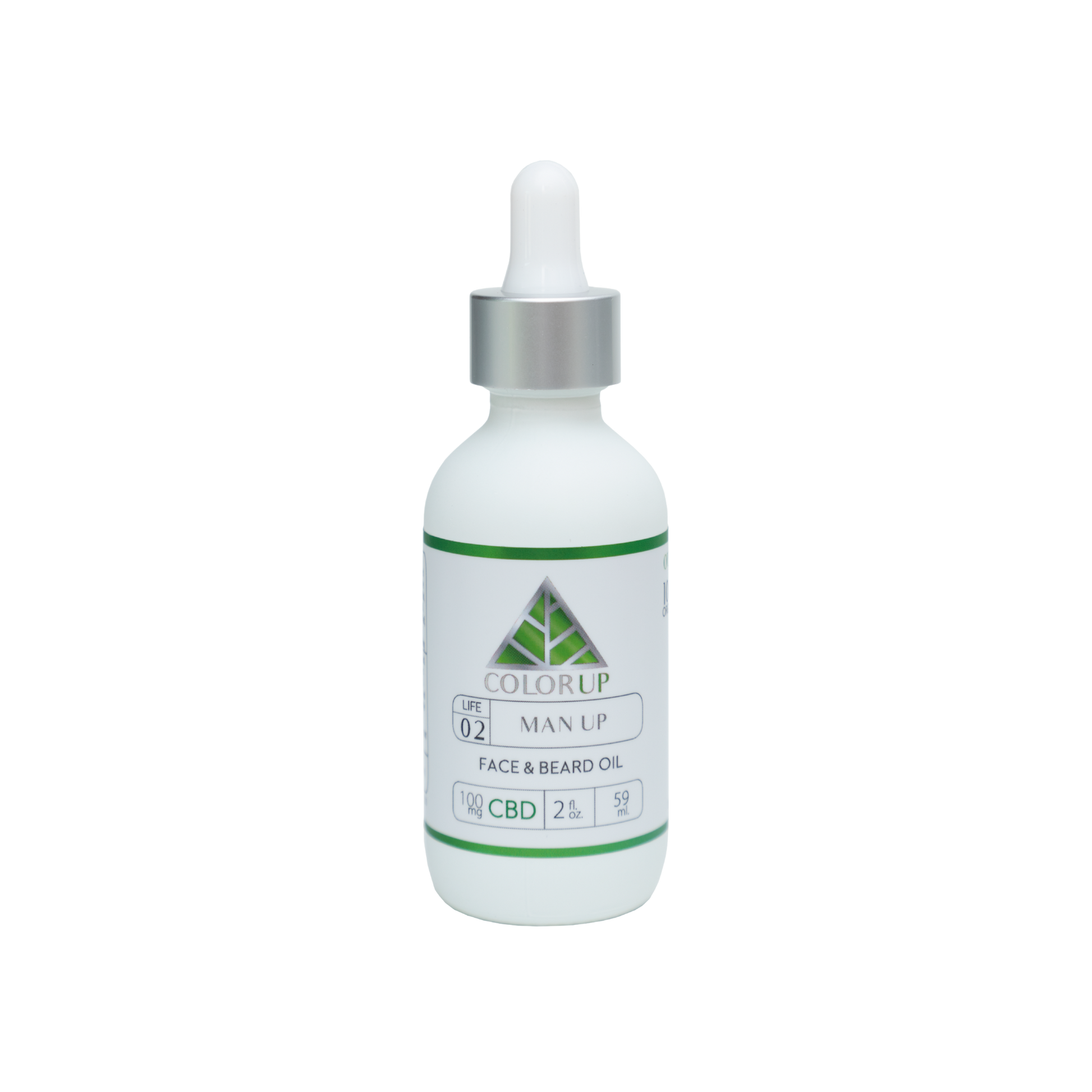 Color Up MAN UP Face and Beard Oil with CBD and botanical oils for beard care, facial hair, and men’s skincare on transparent background.