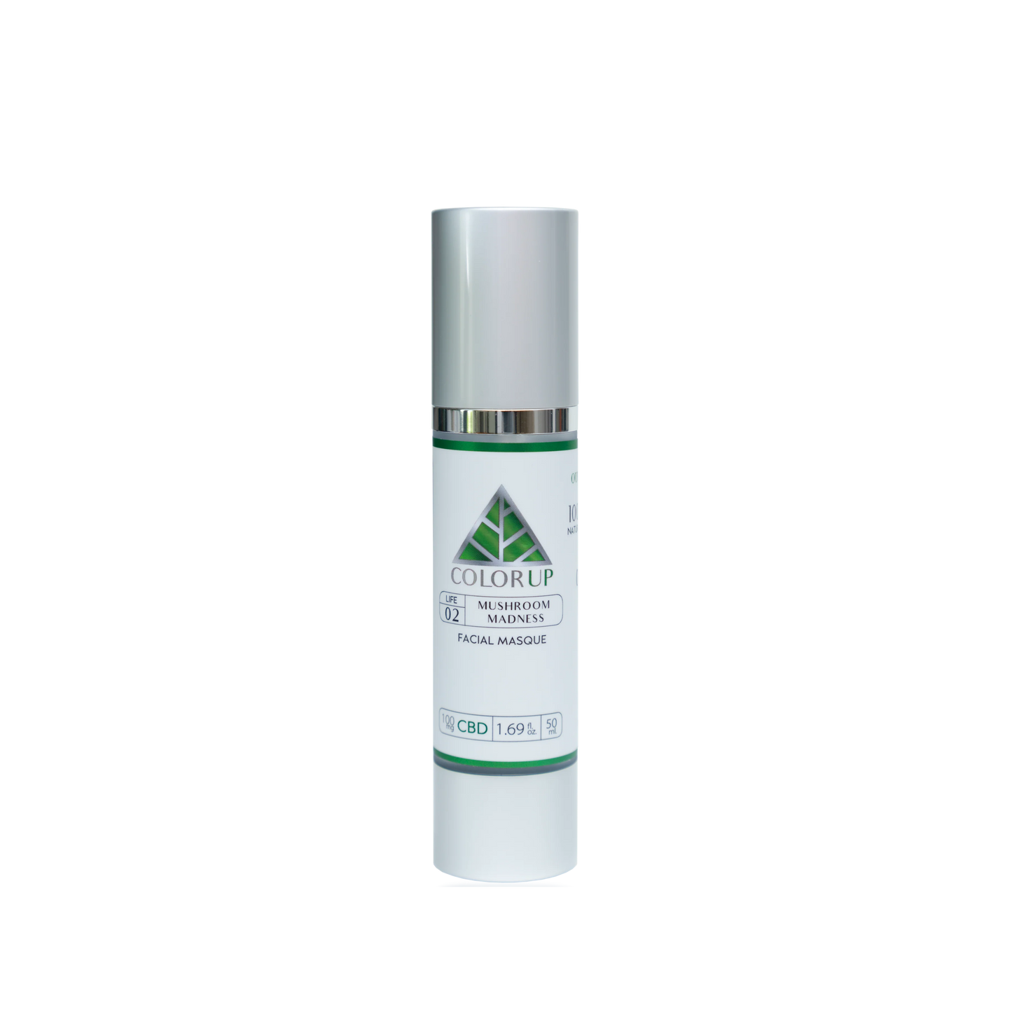 Color Up Mushroom Madness label with green triangle logo in tall silver cosmetics bottle with transparent background.