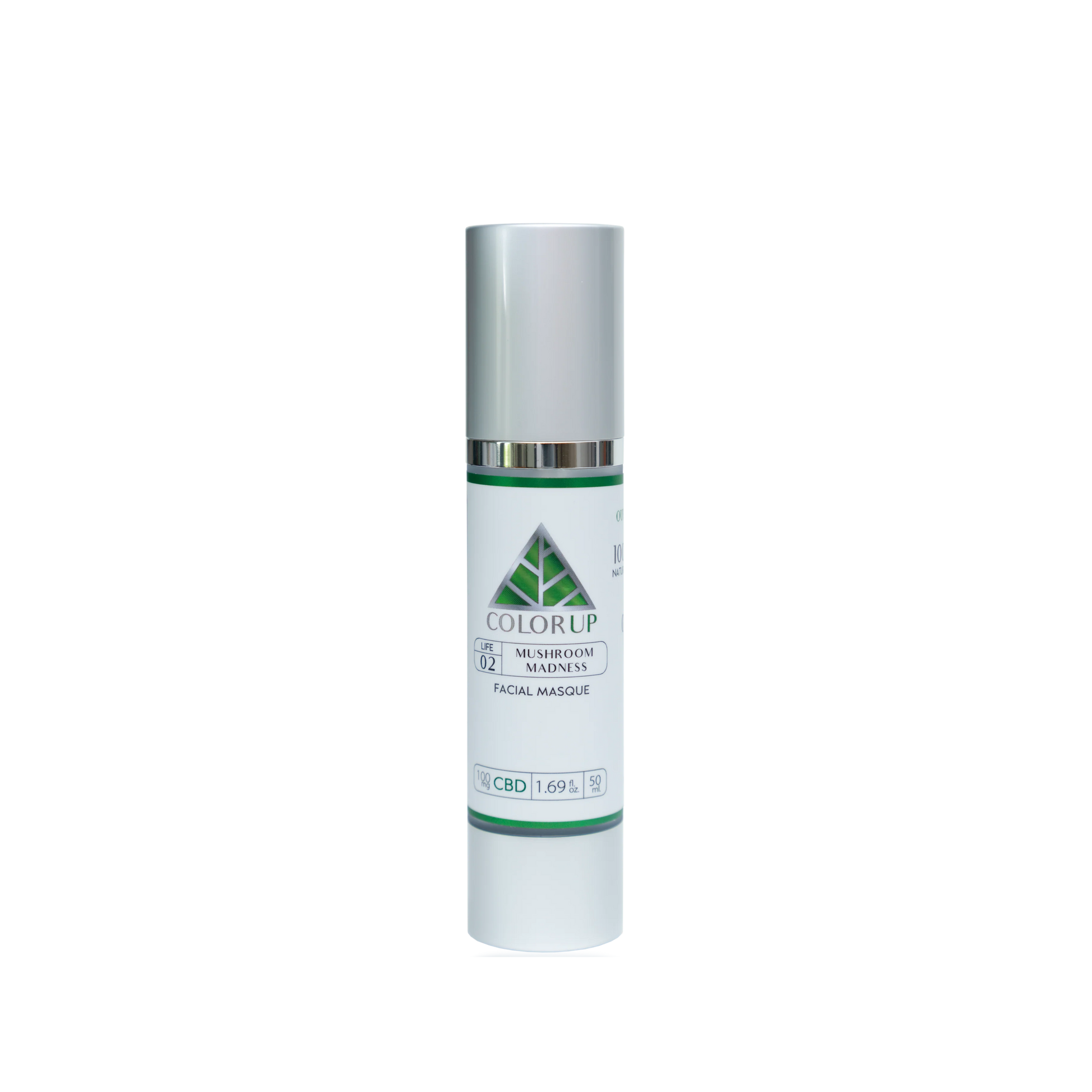 Color Up Mushroom Madness label with green triangle logo in tall silver cosmetics bottle with transparent background.