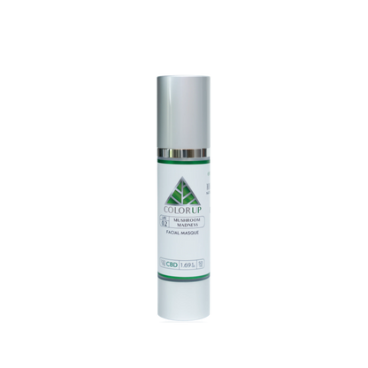 Color Up Mushroom Madness label with green triangle logo in tall silver cosmetics bottle with transparent background.