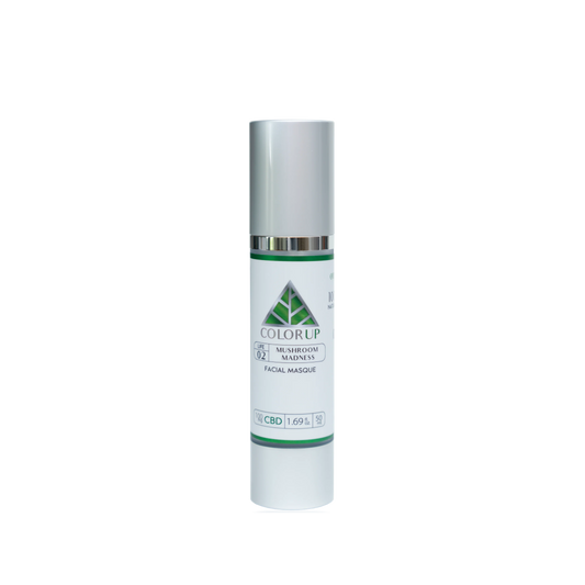 Color Up Mushroom Madness label with green triangle logo in tall silver cosmetics bottle with transparent background.