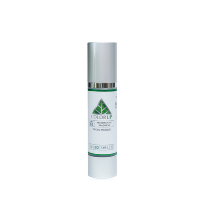 Color Up Mushroom Madness label with green triangle logo in tall silver cosmetics bottle with white background.