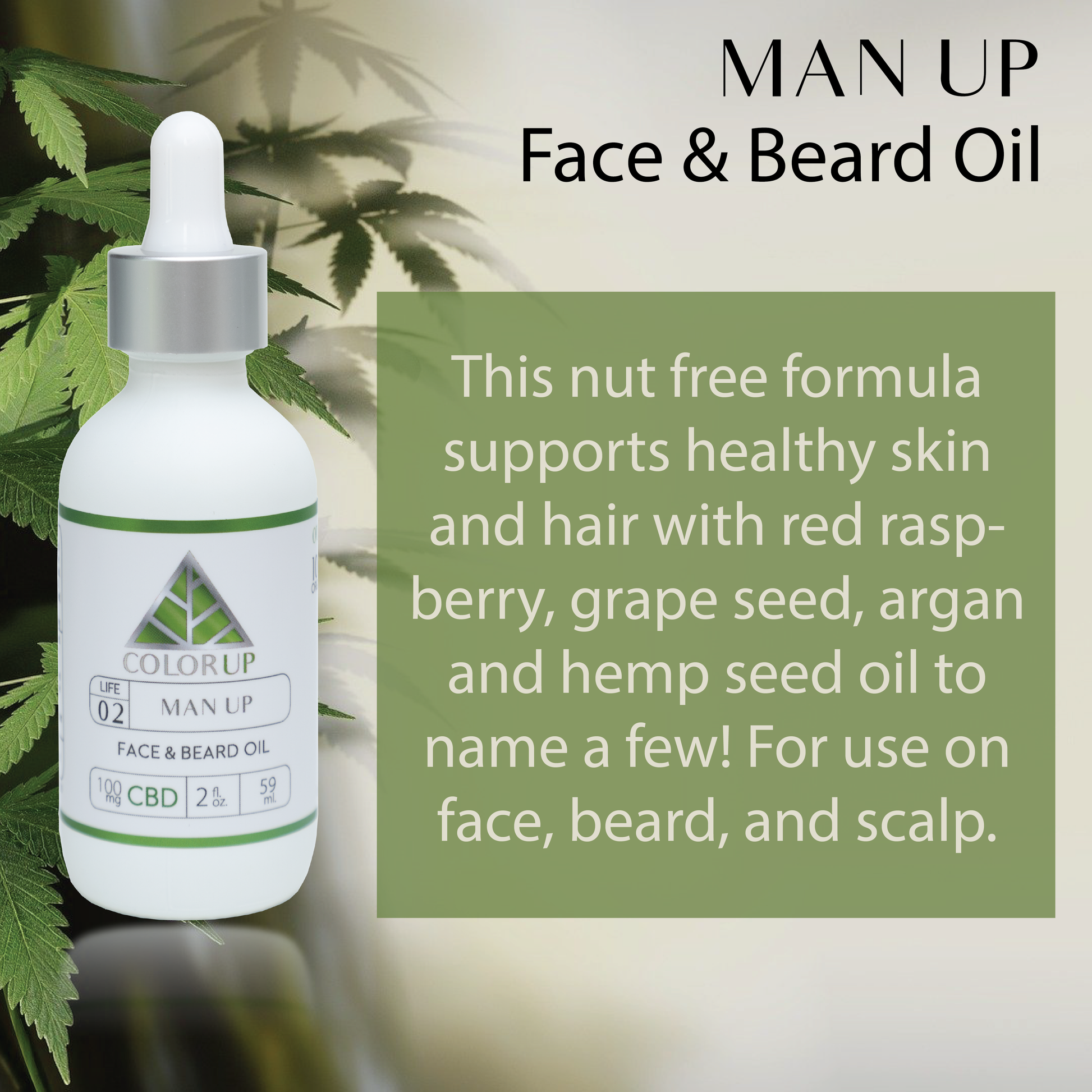 Bottle of 'Man Up' face and beard oil with product description text on a green background.