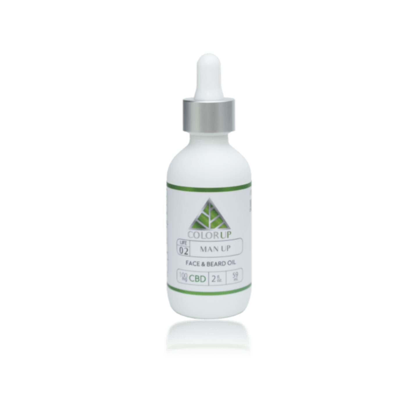 Bottle of Color Up Man Up face and beard oil in white bottle with a dropper and green triangle on label.