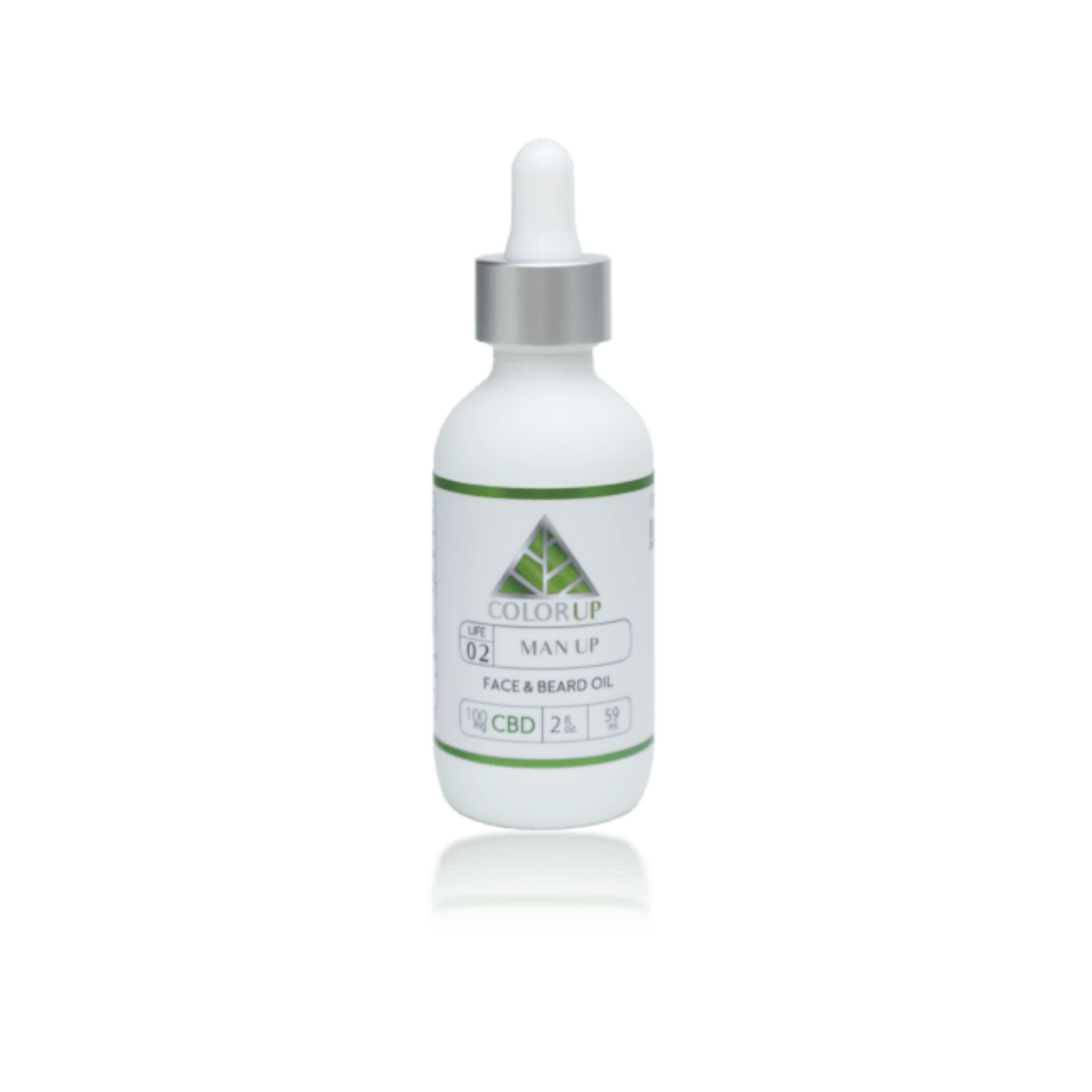 Bottle of Color Up Man Up face and beard oil in white bottle with a dropper and green triangle on label.