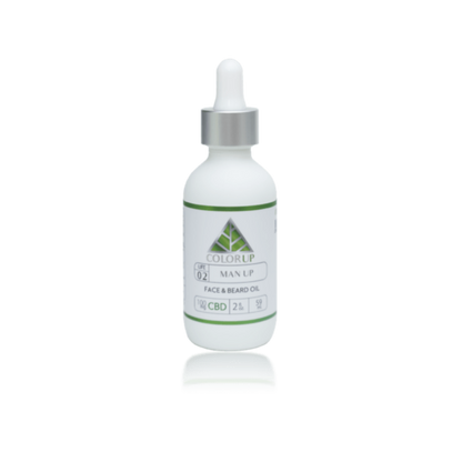 Bottle of Color Up Man Up face and beard oil in white bottle with a dropper and green triangle on label.