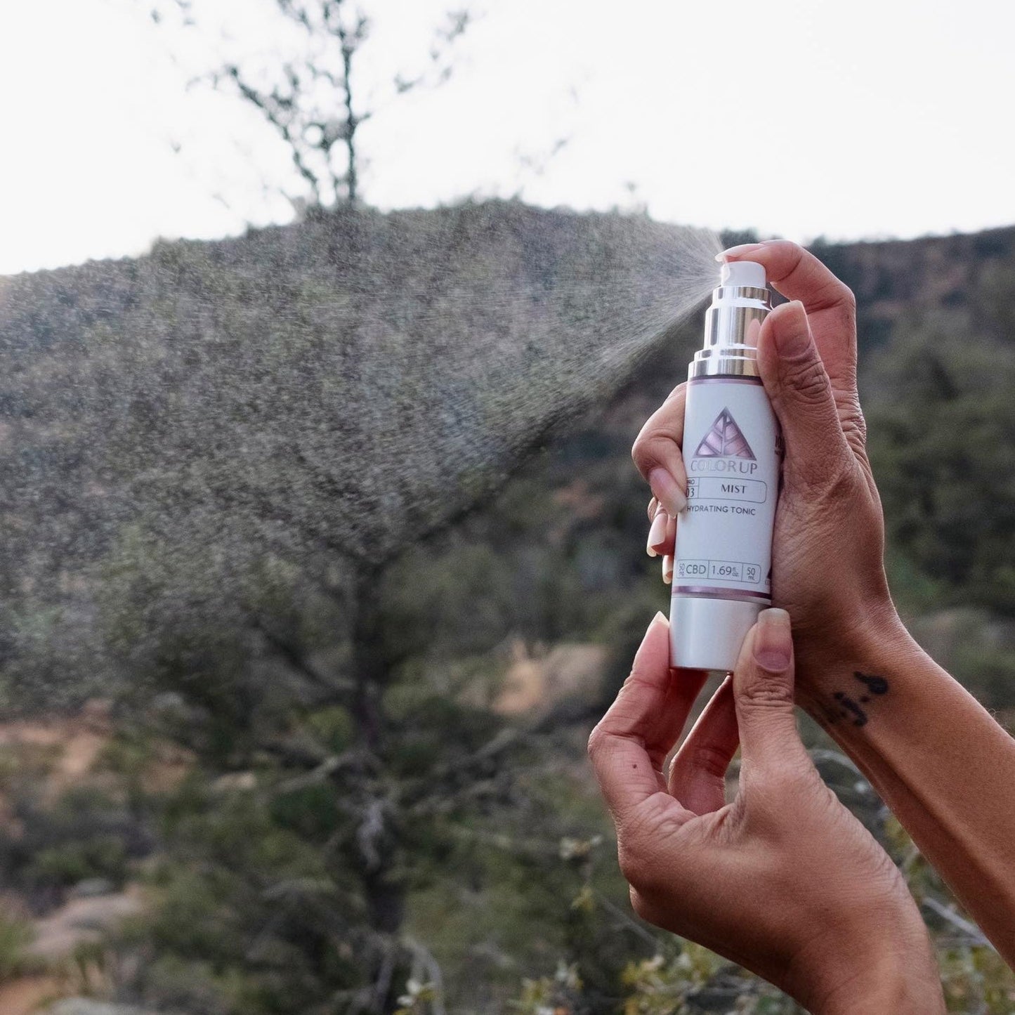 Hand holding Mist Hydrating Tonic with Color Up pink triangle logo on label with a mountainous background