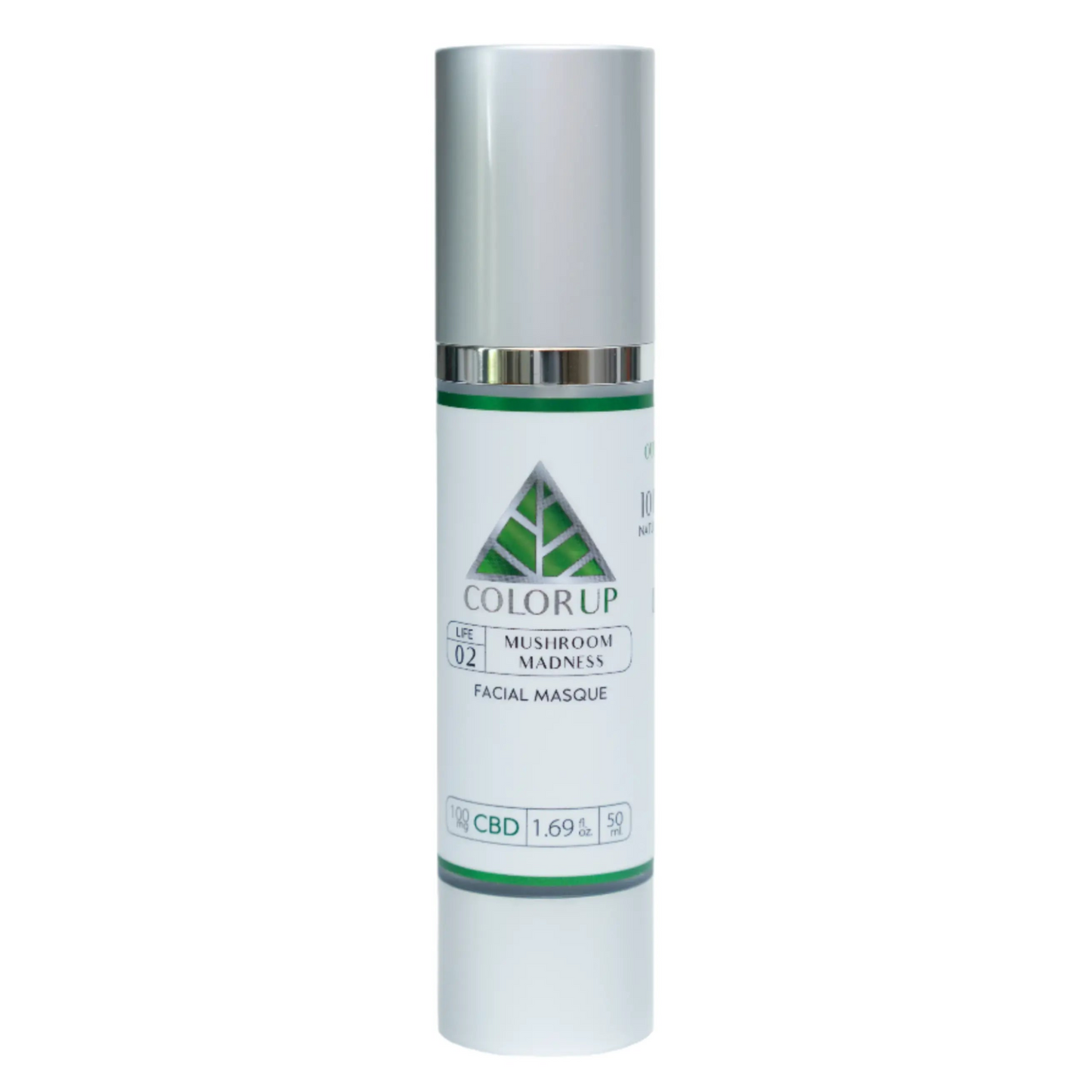 Color Up Mushroom Madness label with green triangle logo in tall silver cosmetics bottle with white background.