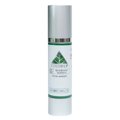 Color Up Mushroom Madness label with green triangle logo in tall silver cosmetics bottle with white background.