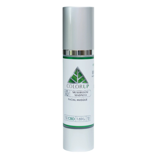 Color Up Mushroom Madness label with green triangle logo in tall silver cosmetics bottle with white background.
