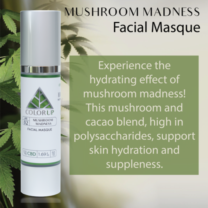 'Color Up Mushroom Madness Facial masque' label with green triangle logo on silver bottle with text about mushroom and cacao blend on a green leaf background