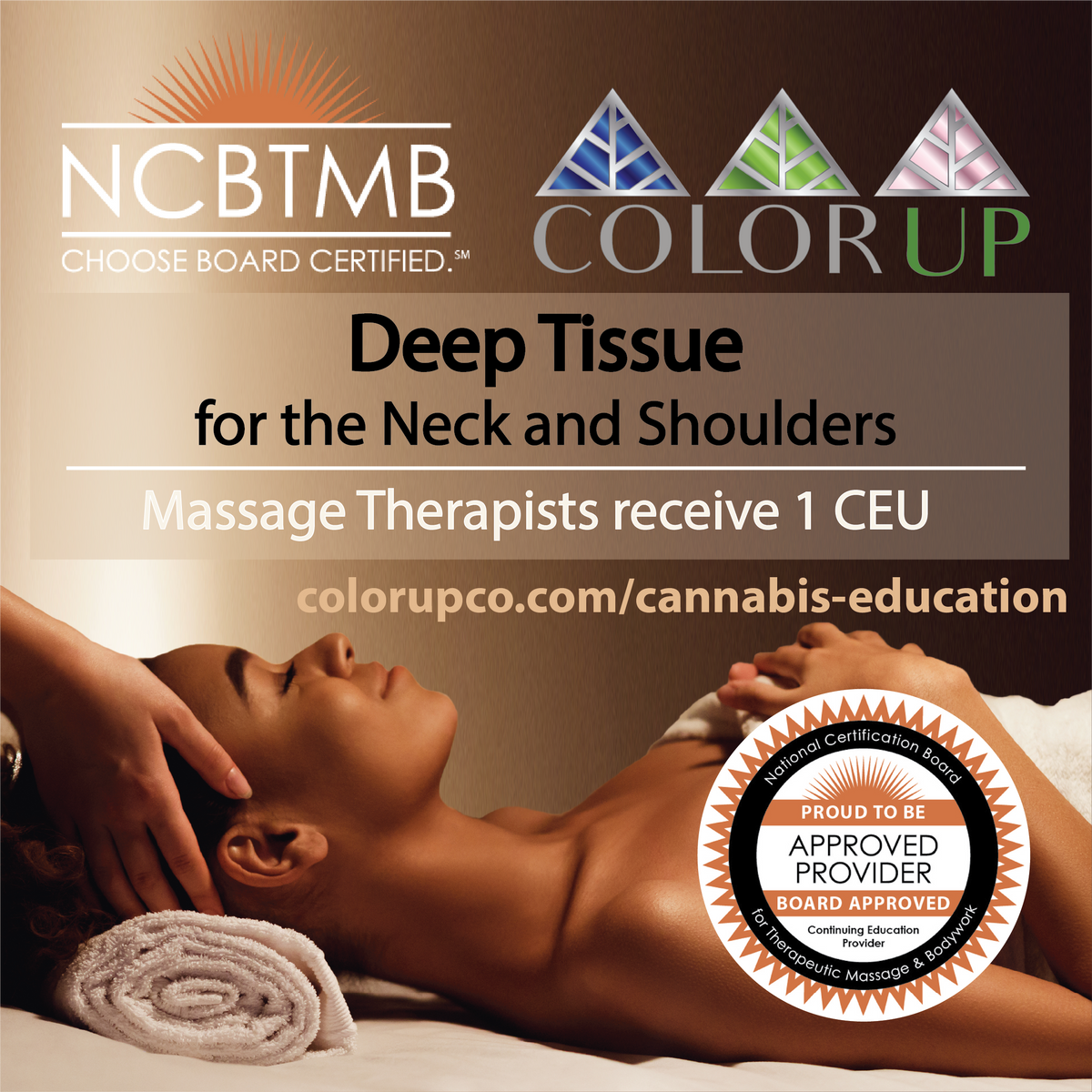 Advertisement for NCBTMB and Color Up massage therapy education, featuring a massage session for 1 CEU