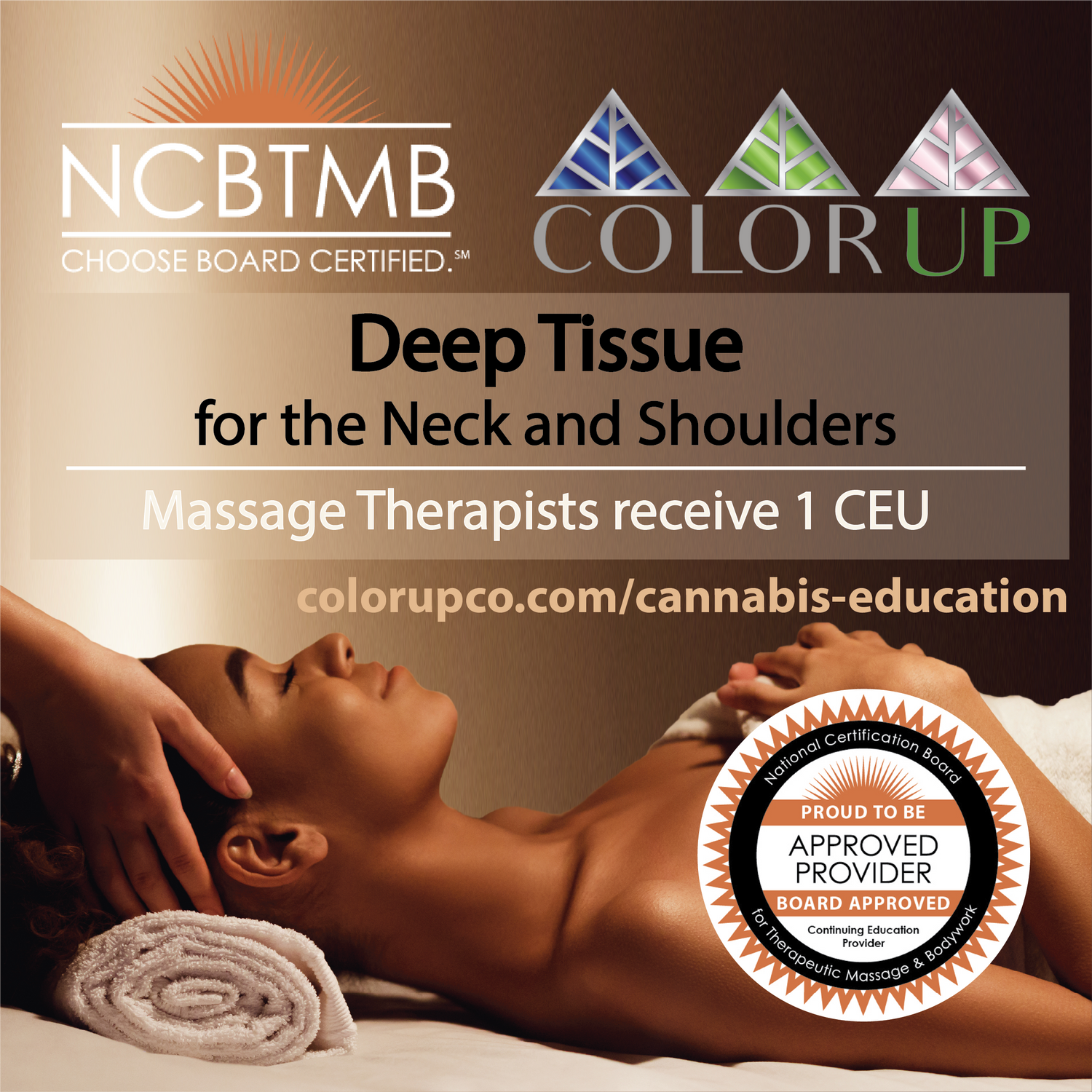 Advertisement for NCBTMB and Color Up massage therapy education, featuring a massage session for 1 CEU