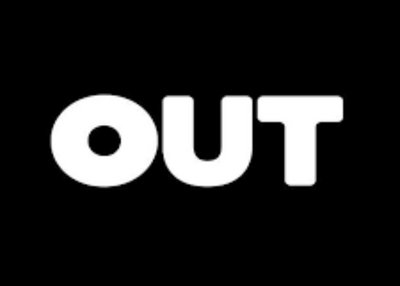 White 'OUT' text for Out Magazine on a black background