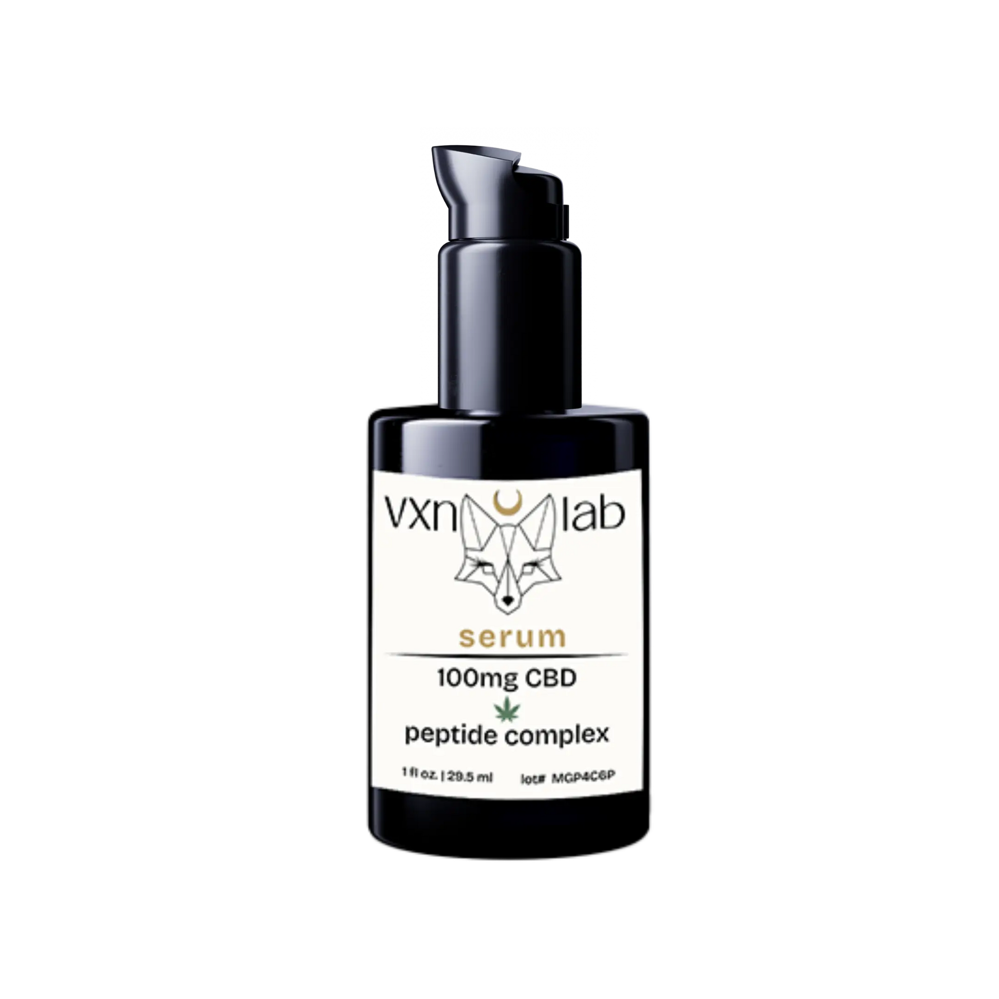 VXN Lab serum bottle with CBD and peptide complex on a white background
