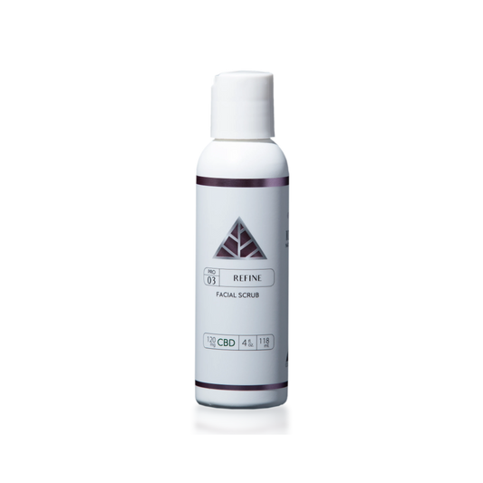 Color Up REFINE Facial Scrub with CBD, walnut shell powder, willow bark, and botanical brightening ingredients on transparent background.