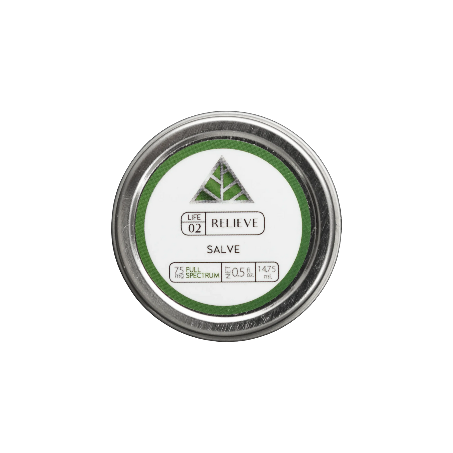 Color Up RELIEVE Full Spectrum Salve in travel-size 0.5 oz tin with hemp beeswax on a transparent background.