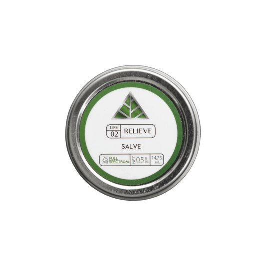 Color Up RELIEVE Full Spectrum Salve in travel-size 0.5 oz tin with hemp beeswax on a transparent background.
