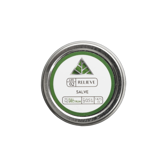 Color Up RELIEVE Full Spectrum Salve in travel-size 0.5 oz tin with hemp beeswax on a white background.