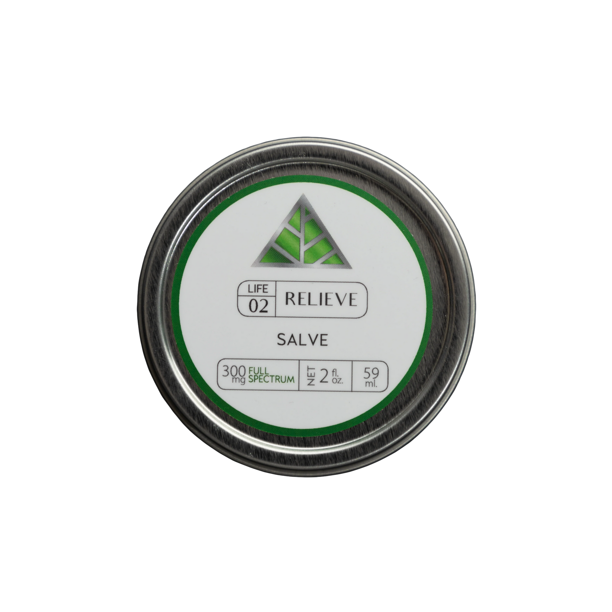 Color Up RELIEVE Full Spectrum Salve in 2 oz tin with CBD, CBG, CBN, CBC, hemp seed oil, beeswax, and arnica on transparent background.