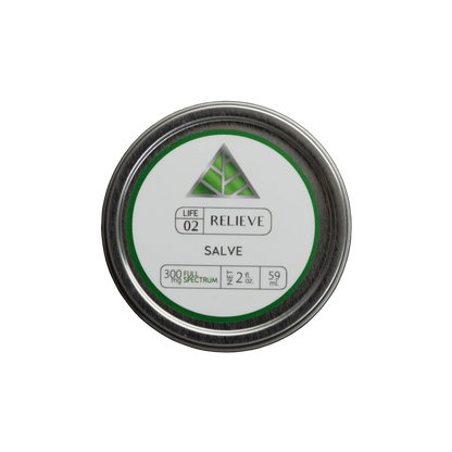 Color Up RELIEVE Full Spectrum Salve in 2 oz tin with CBD, CBG, CBN, CBC, hemp seed oil, beeswax, and arnica on transparent background.