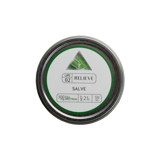 Color Up RELIEVE Full Spectrum Salve in 2 oz tin with CBD, CBG, CBN, CBC, hemp seed oil, beeswax, and arnica on transparent background.