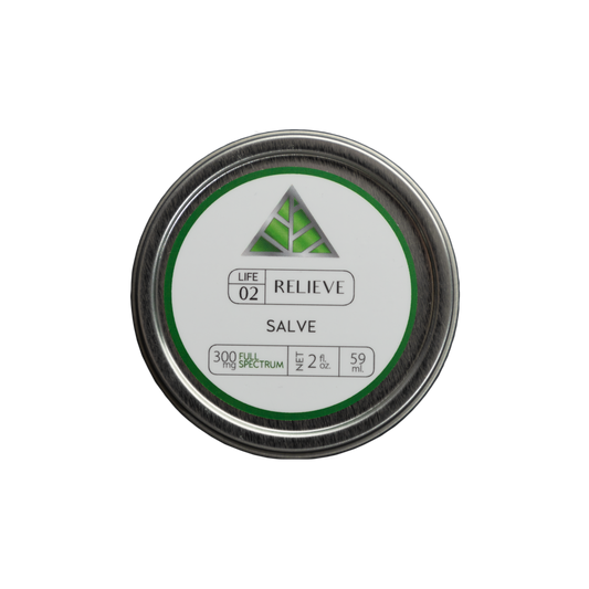 Color Up RELIEVE Full Spectrum Salve in 2 oz tin with CBD, CBG, CBN, CBC, hemp seed oil, beeswax, and arnica on transparent background.