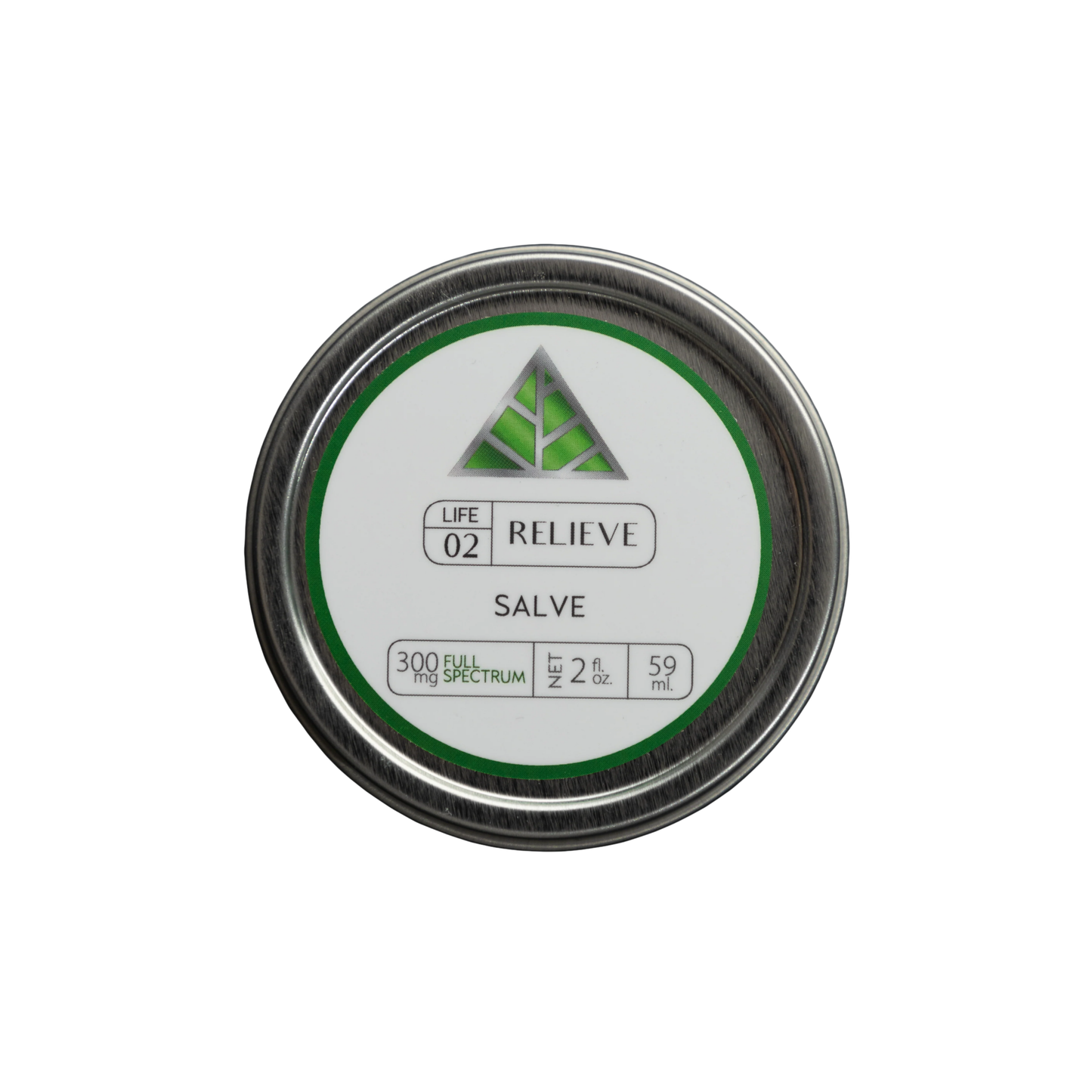 Color Up RELIEVE Full Spectrum Salve in 2 oz tin with CBD, CBG, CBN, CBC, hemp seed oil, beeswax, and arnica on white background.