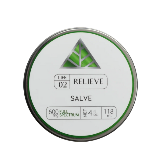 Color Up RELIEVE Full Spectrum Salve in 4 oz tin with CBD and hemp beeswax on a transparent background.