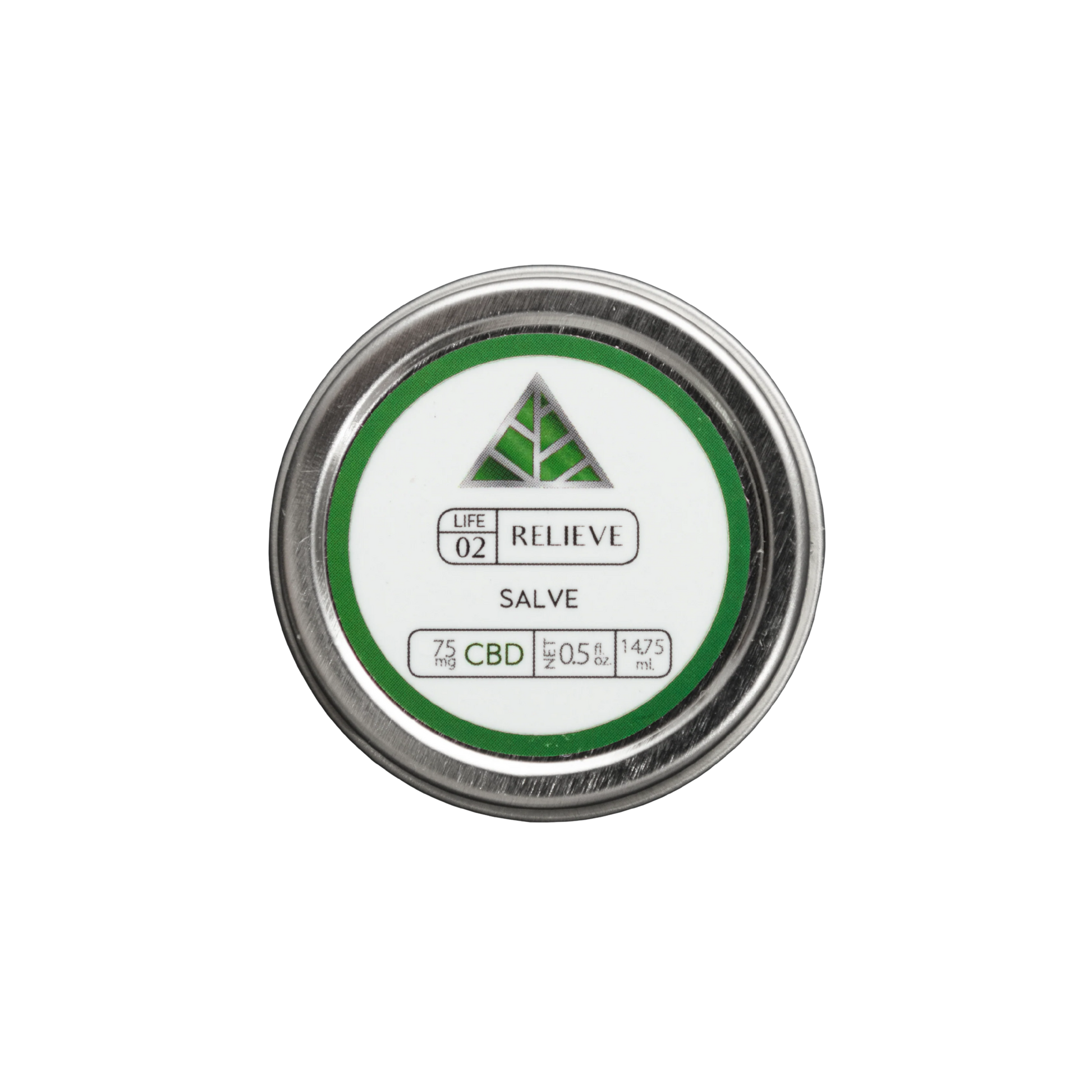 Color Up RELIEVE Pure CBD Salve in 0.5 oz travel tin with hemp seed oil, beeswax, arnica, and 75mg CBD on a transparent background.