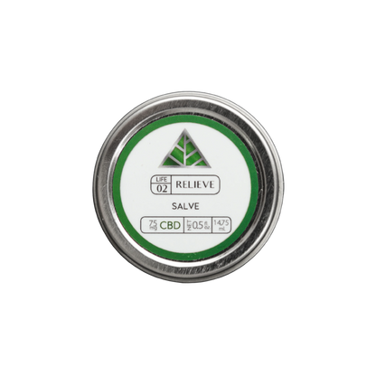 Color Up RELIEVE Pure CBD Salve in 0.5 oz travel tin with hemp seed oil, beeswax, arnica, and 75mg CBD on a transparent background.