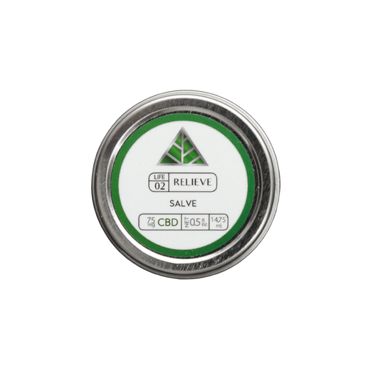 Color Up RELIEVE Pure CBD Salve in 0.5 oz travel tin with hemp seed oil, beeswax, arnica, and 75mg CBD on a transparent background.