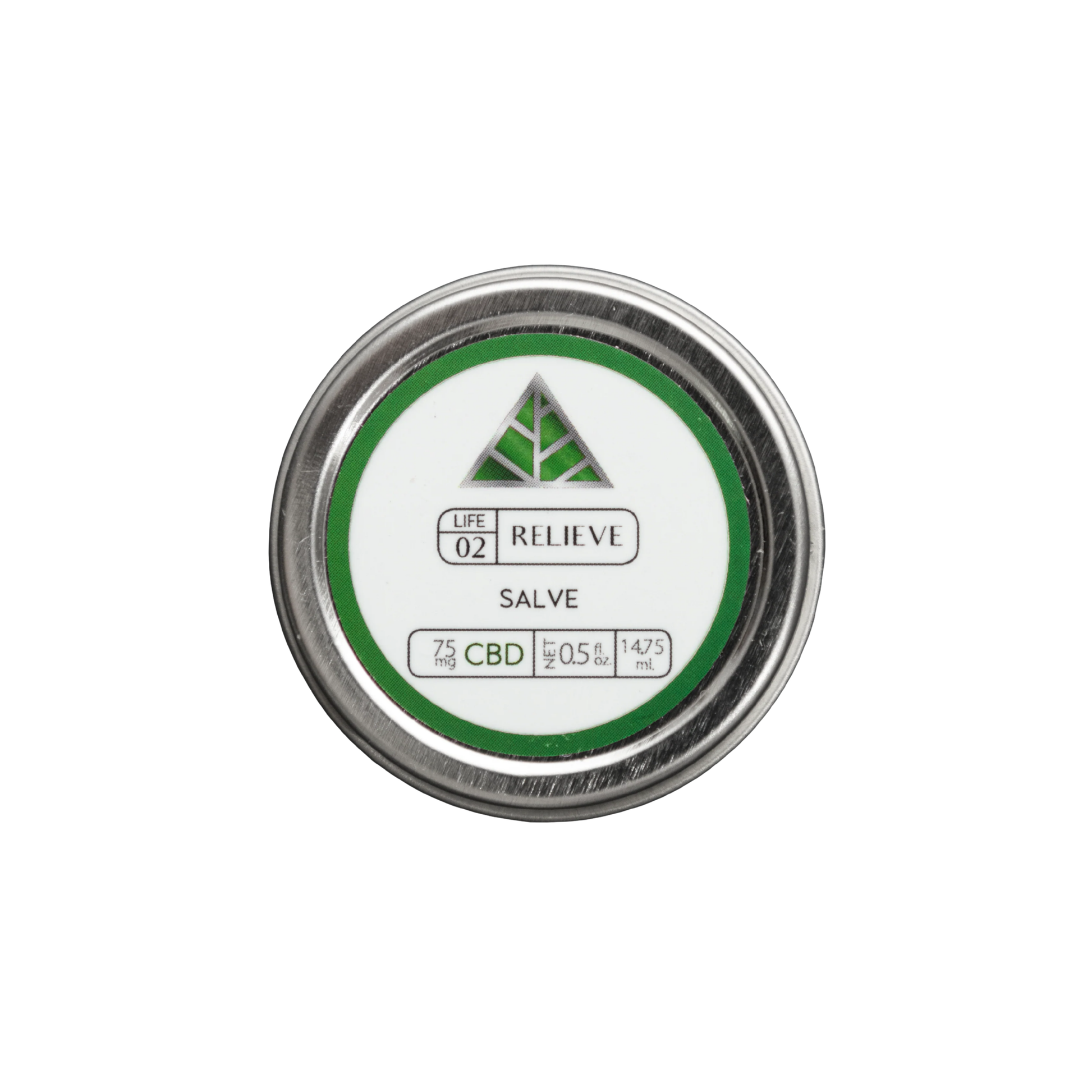 Color Up RELIEVE Pure CBD Salve in 0.5 oz travel tin with hemp seed oil, beeswax, arnica, and 75mg CBD on a white background.