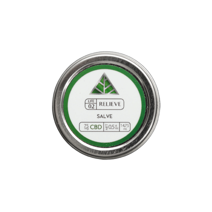 Color Up RELIEVE Pure CBD Salve in 0.5 oz travel tin with hemp seed oil, beeswax, arnica, and 75mg CBD on a white background.