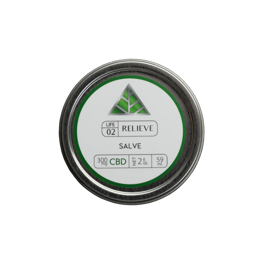 Color Up RELIEVE Pure CBD Salve in 2 oz with 300mg CBD, hemp seed oil, beeswax, and arnica on white background.